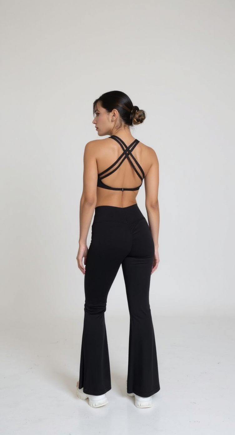 CONJUNTO SERENA TOP + LEGGINS PUSH UP BOTA ANCHA NEGRO