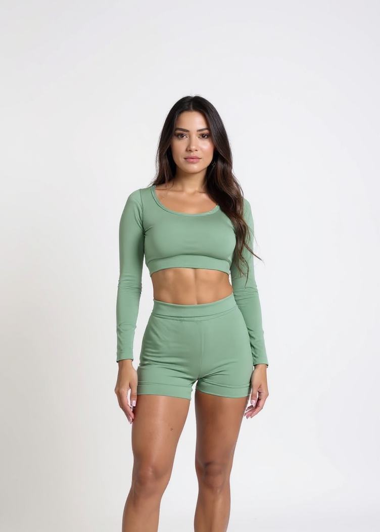 CONJUNTO TOP MANGA LARGA + SHORT SEAMLESS -VERDE OLIVA