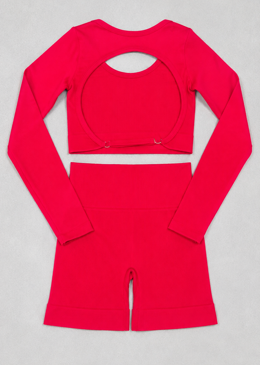 CONJUNTO TOP MANGA LARGA + SHORT SEAMLESS - ROJO