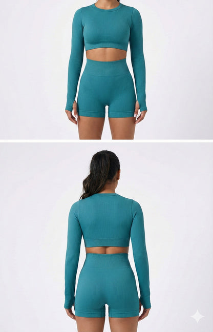 CONJUNTO TOP MANGA LARGA + SHORT SEAMLESS VERDE